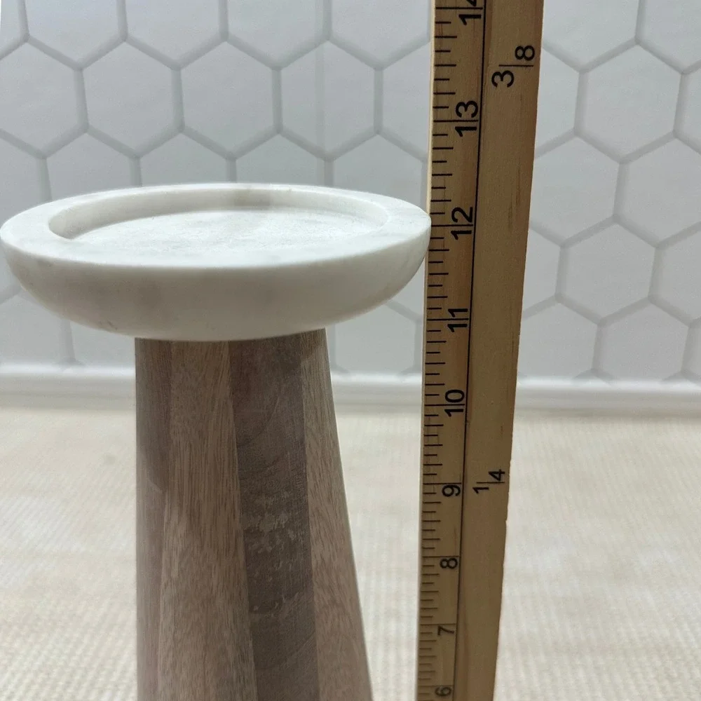 Modern Wood and Marble Pillar Candle Holder Tapered Pedestal Brown White 12in